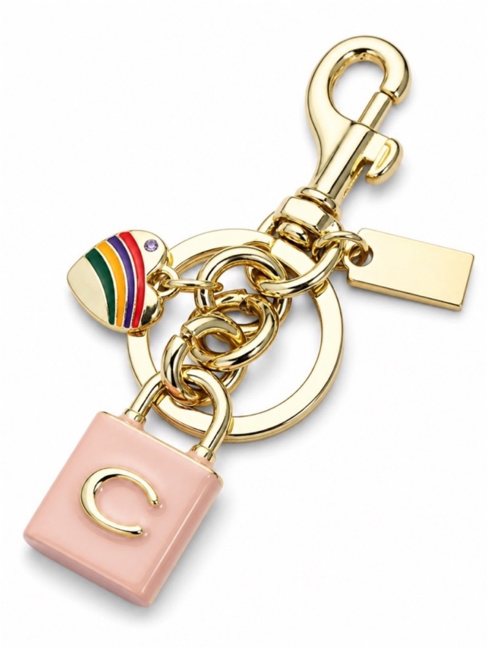 Coach Gold-Tone Keyring with Pink Enamel Padlock and Rainbow Heart Charm